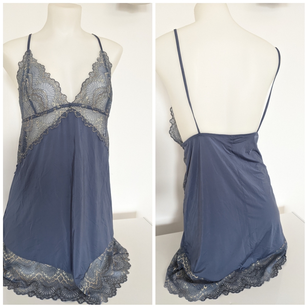 La Senza Satin Nightie Blue Gray W/ Golden Lace M